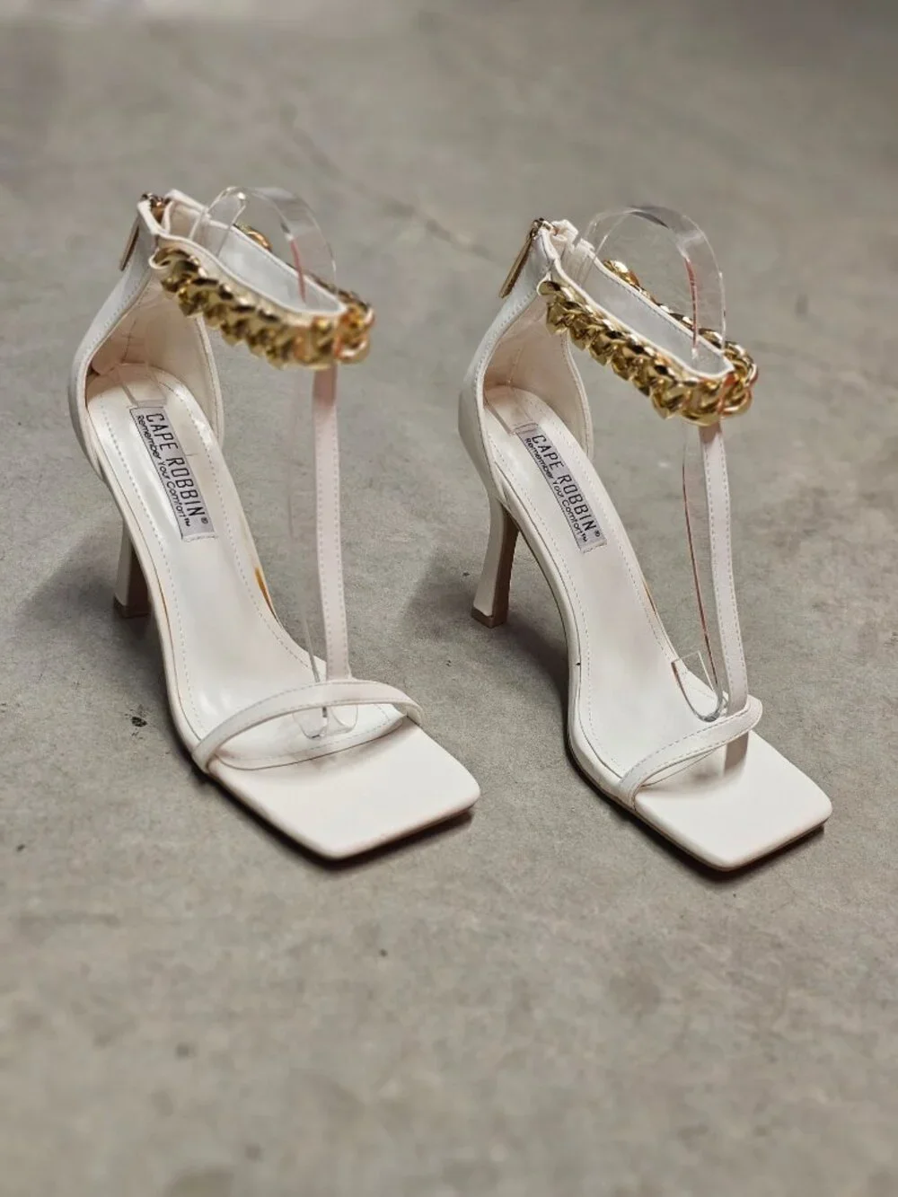 Gold Chain Ankle Strap White High Heel Sandals With Square Toe Stiletto Heel Chi
